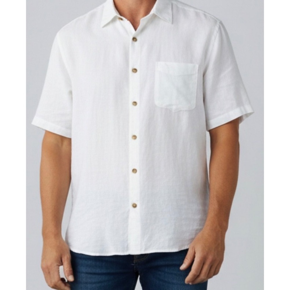 Lucky Brand Mens White Linen Blend Short Sleeve Button Down Shirt XL Pocket
